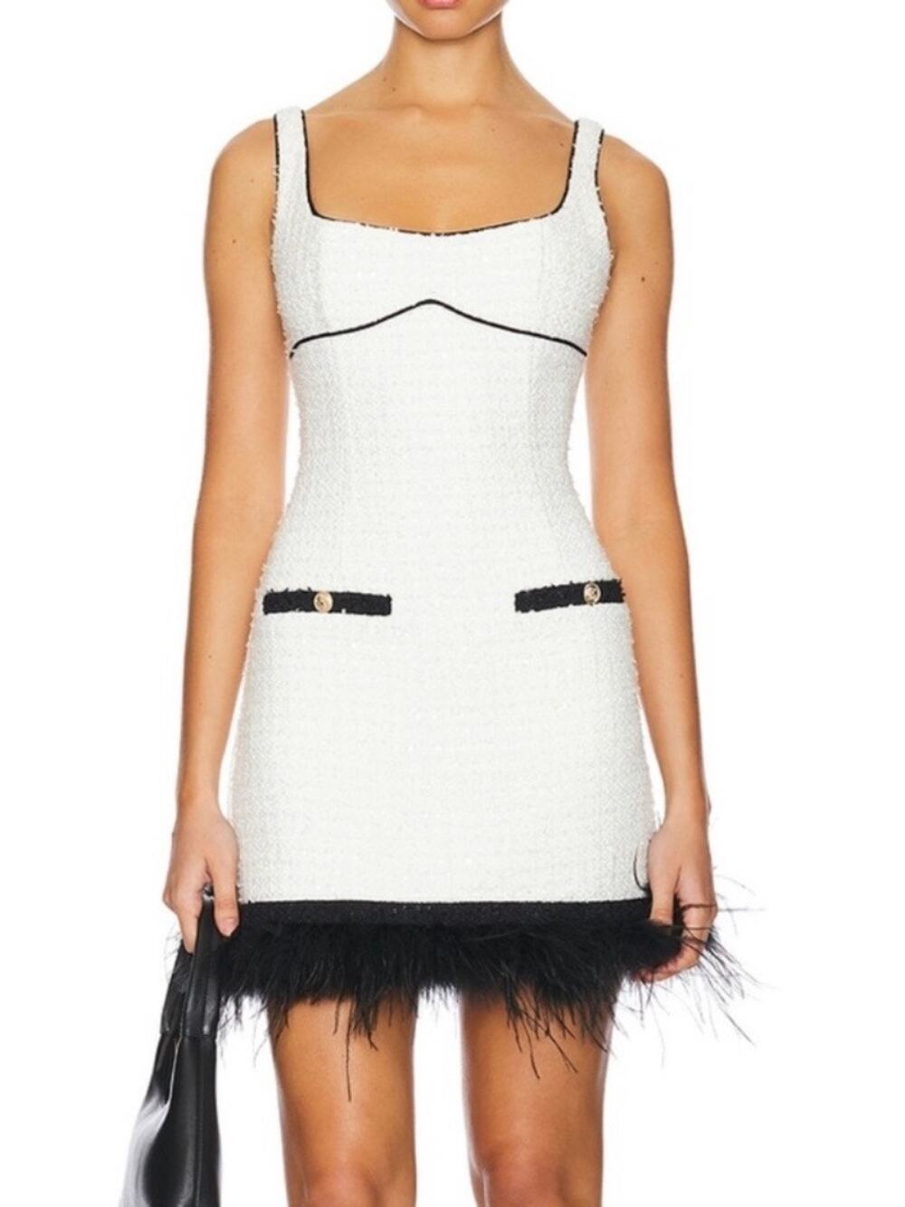 SAYLOR Velma Tweed Mini Dress Sequin Faux Feather Trim Sleeveless White Black